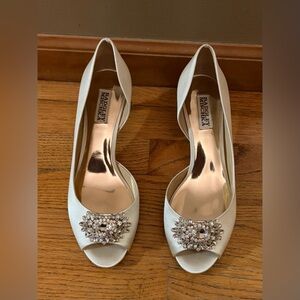 Badgley Mischka Cream Peep-Toe Heels with Crystal Embellishment